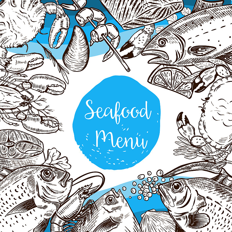 海产,鱼子酱,虾,鱼类,菜单,龙虾,模板,螃蟹,绘画插图,格子烤肉