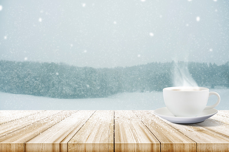 冬天,木制,背景,桌子,咖啡,森林,有包装的,乡村风格,下雪