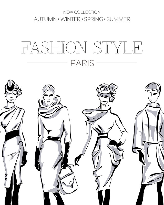 美,绘画插图,矢量,女人,黑白图片,时装模特,小册子,时尚,巴黎