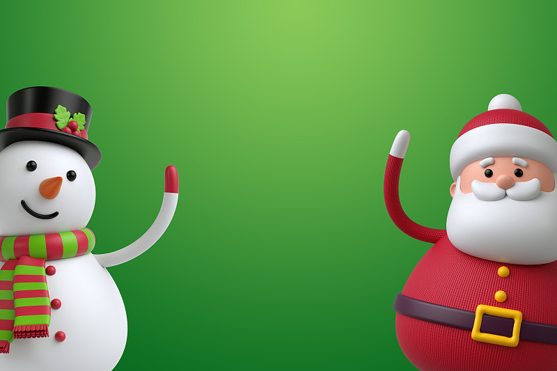 圣诞老人,三维图形,分离着色,雪人,数码图形,绿色背景,贺卡,新的
