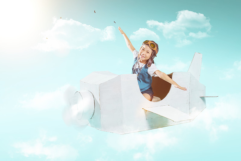 天空,童年,飞机,可爱的,概念,白色,女孩,想象,飞,做梦