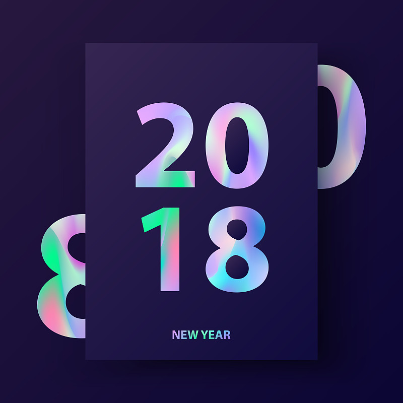 新年前夕,2018,美,贺卡,未来,全息图,边框,艺术,绘画插图