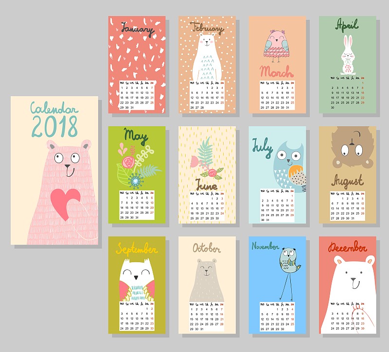 可爱的,日历,2018,绘画插图,贺卡,小兔子,新的,小猫头鹰,性格,生日