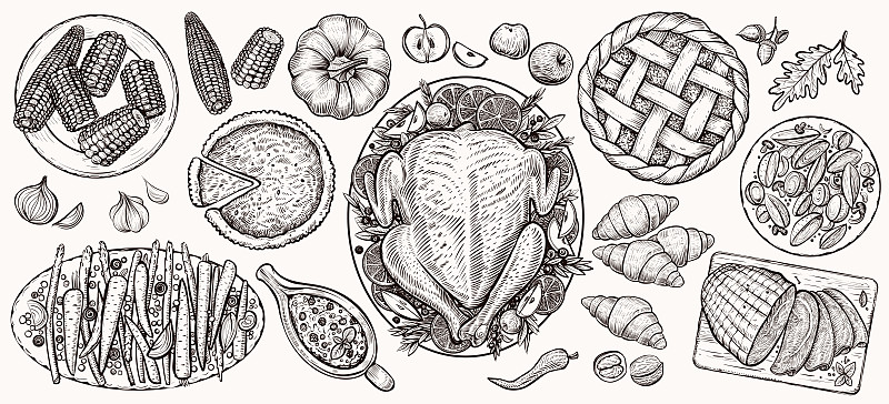 绘画插图,食品,矢量,顶部,视角,秋季沙拉,玉米面包,酸果蔓酱,烘锫土豆,土豆沙拉