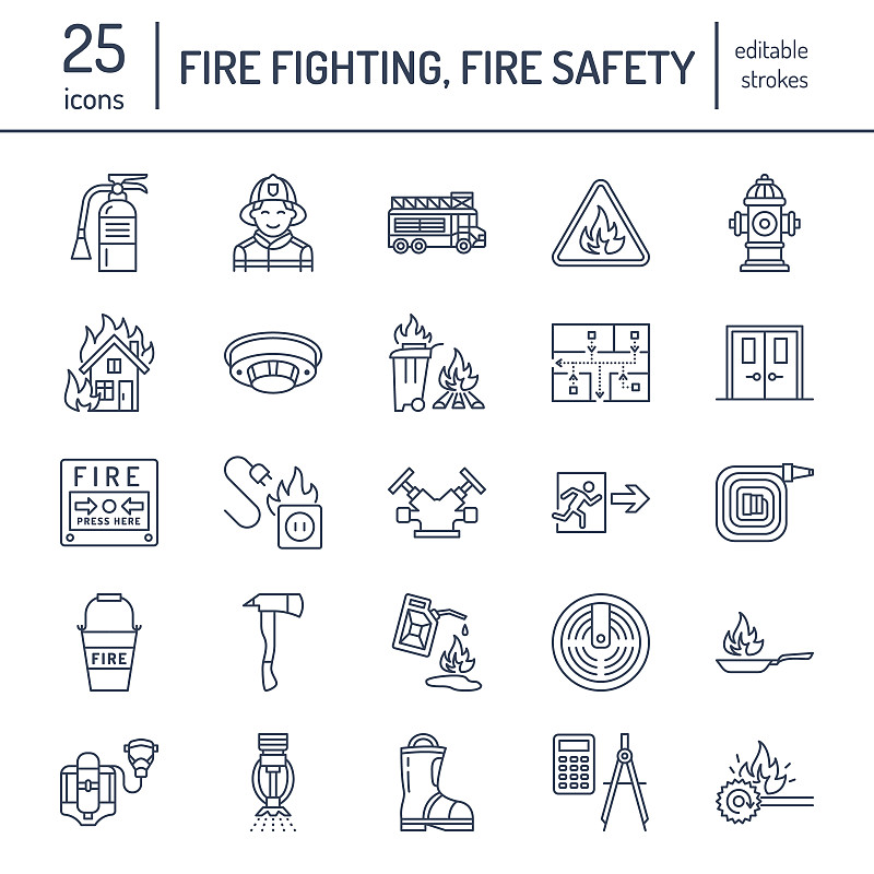 细的,火焰,安全设备,灭火水龙带,消防车,平坦的,计算机图标,消防员