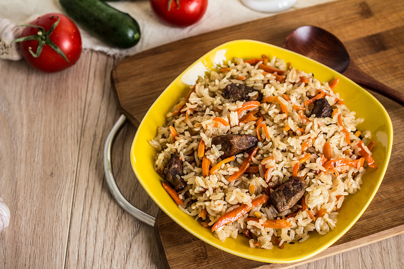 胡萝卜,肉饭,肉,稻,洋葱,乌兹别克斯坦,盘子,褐色,水平画幅,传统