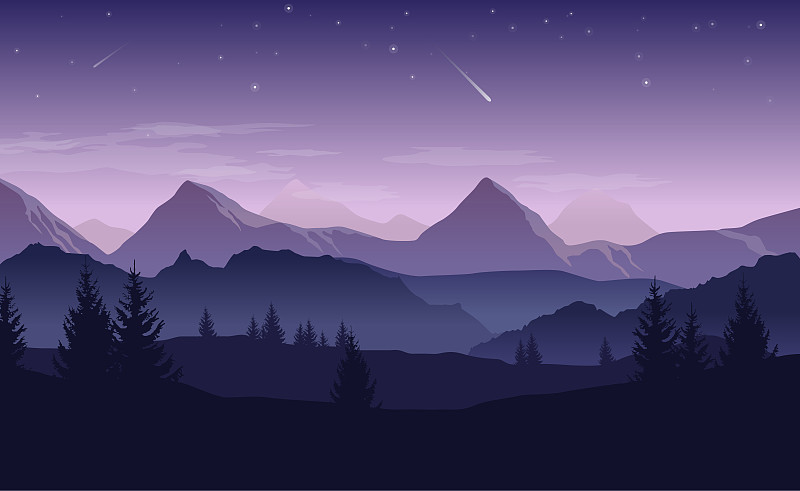 天空,星星,山,绘画插图,矢量,地形,蓝色,山脉,森林,紫色
