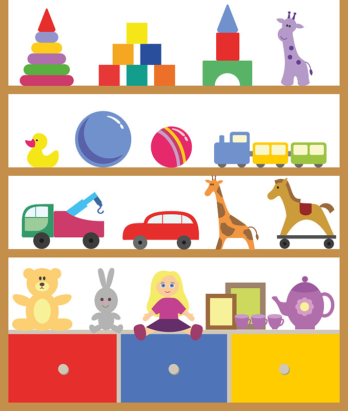 玩具,架子,绘画插图,矢量,扁平化设计,小长颈鹿,玩具卡车,微缩火车,橡皮鸭子,蒸汽机车