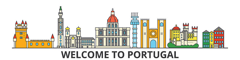 葡萄牙,城市天际线,绘画插图,都市风景,著名景点,矢量,细的,网站横幅,城市,城市生活