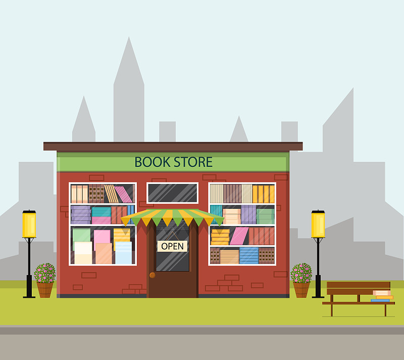 书店,扁平化设计,正面视角,长椅,外立面,水平画幅,绘画插图,符号,科学,架子