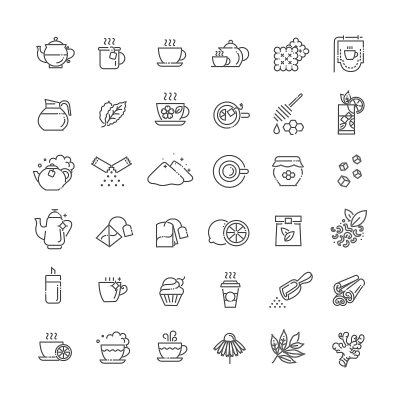 绘画插图,茶,矢量,细的,线条,图标集,热饮,早晨,商店,白桂皮