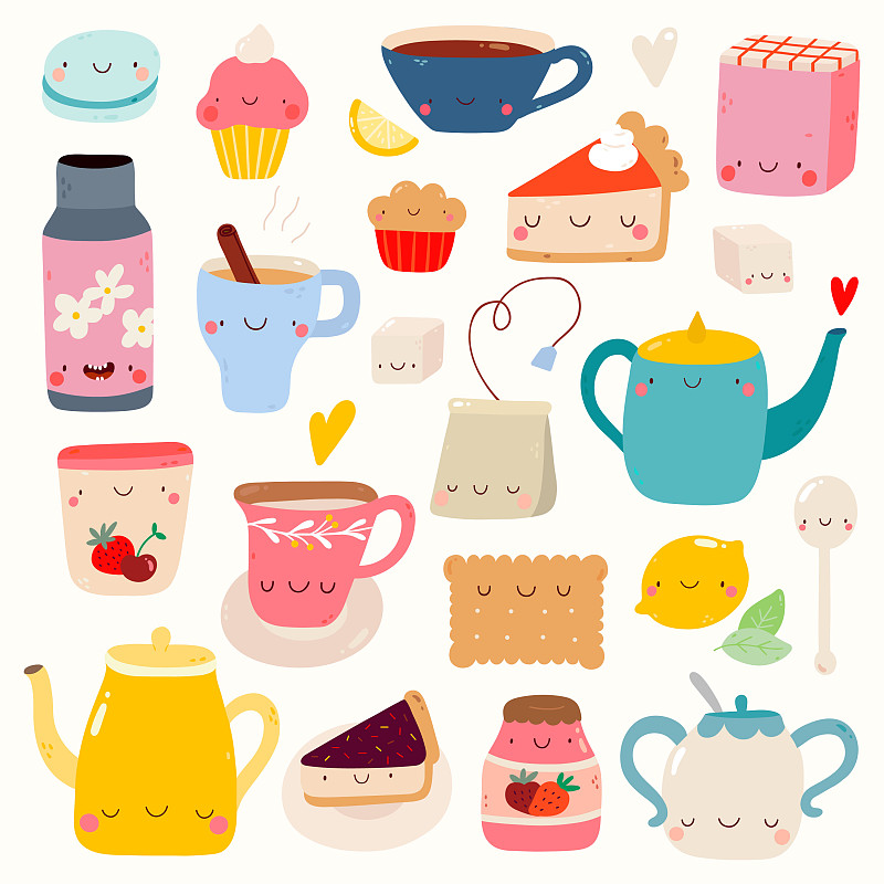 甜点心,茶,笑脸,举起手,性格,绘画插图,奶油,蛋糕,卡通,饮料