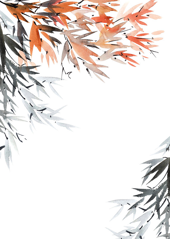 明信片,背景,叶子,花序,水墨画,热带树,垂直画幅,绘画插图,美,绘画作品