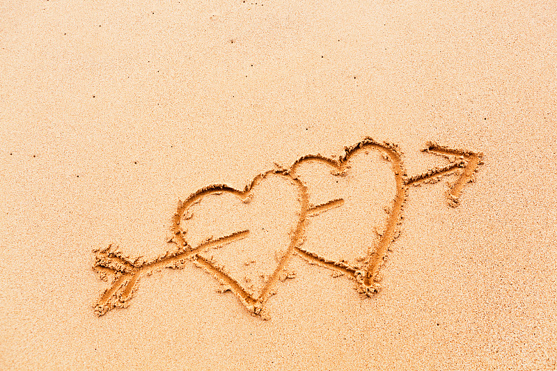 沙子,箭头符号,海滩,夏威夷,红桃,两只动物,绘画插图,欢迎标志,水平画幅,消息