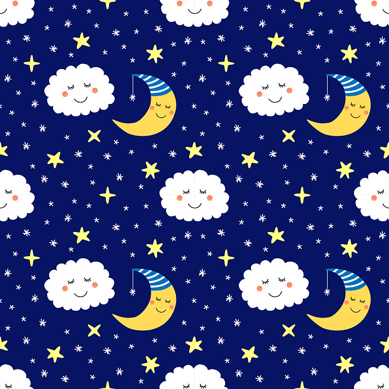 星星,月亮,卡通,可爱的,云,四方连续纹样,幽默,天空,纺织品,夜晚