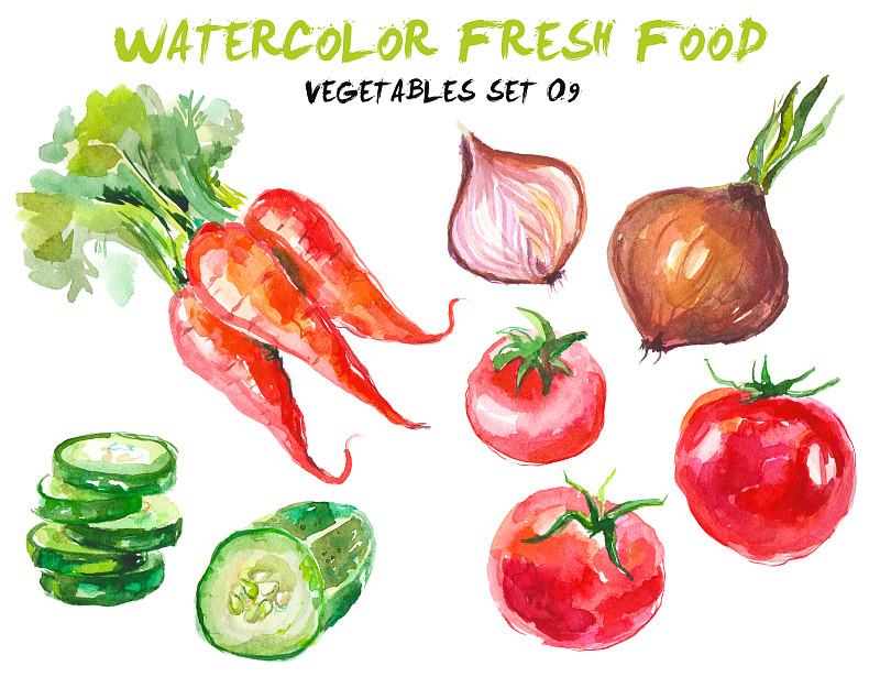蔬菜,水彩画,白色,分离着色,绘画插图,胡瓜,胡萝卜,艺术,水平画幅