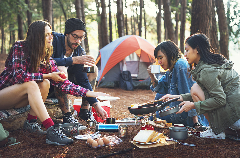 友谊,森林,帐篷,马克杯,偏远的,食品,背包,徒步旅行,旅行者,休闲活动