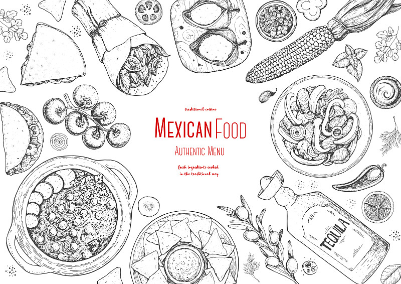 绘画插图,边框,模板,油炸玉米饼,碗,矢量,玉米饼,食品,墨西哥食物,墨西哥玉米煎饼