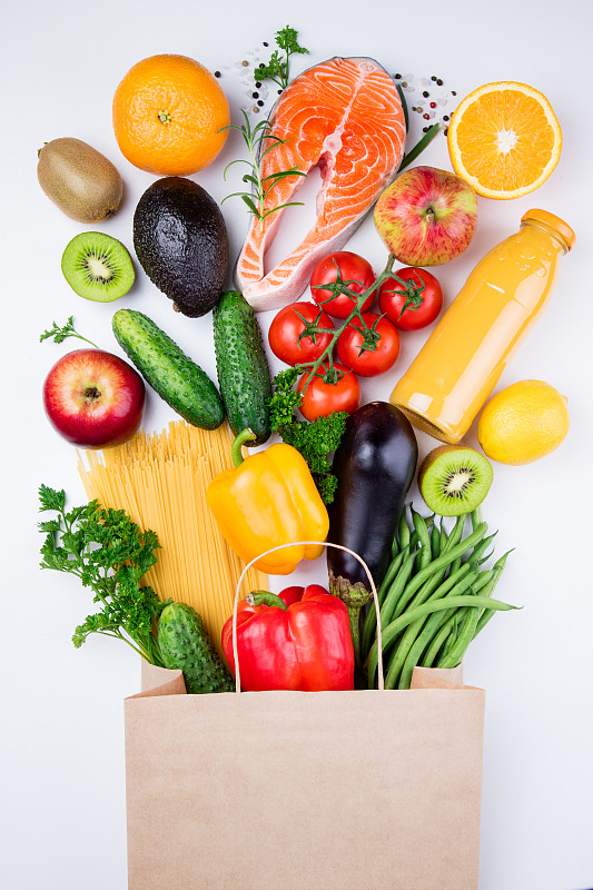 纸袋,背景,鱼类,蔬菜,健康食物,水果,白色背景,充满的,商品,与众不同