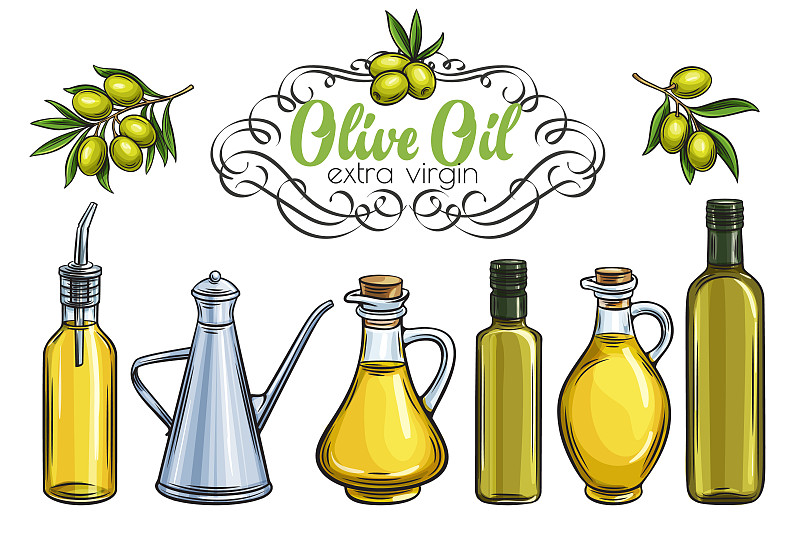 橄榄,橄榄油,绘画插图,素食,标签,金属,钢笔画,容器,瓶子
