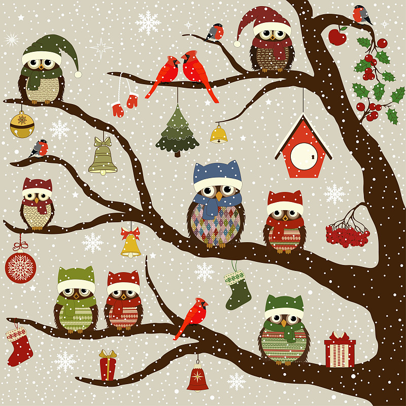 贺卡,鸟类,新的,绘画插图,传统,符号,圣诞树,明信片,圣诞装饰物