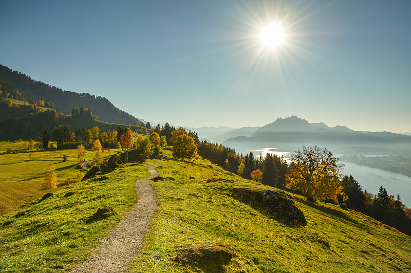 秋天,徒步旅行,非凡的,水,水平画幅,户外,湖,草,瑞士阿尔卑斯山,高处