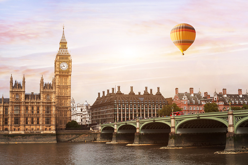都市风景,伦敦,塔,大本钟,热气球,自然美,纪念碑,天空,泰晤士河,英格兰