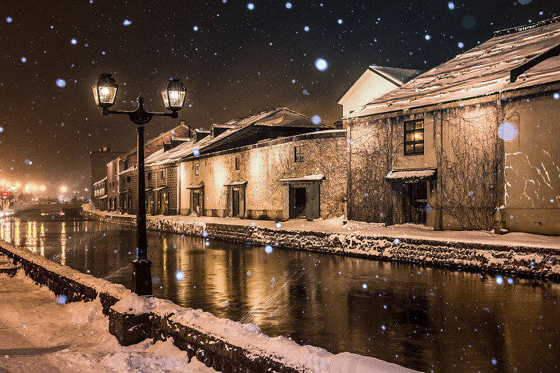 小樽运河,冬天,仓库,灯笼,水平画幅,夜晚,雪,无人,运河