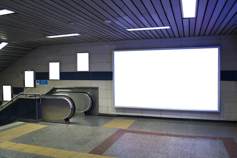 地铁,市场营销,电动扶梯,布告栏,空白的,边框,水平画幅,无人,走廊,光