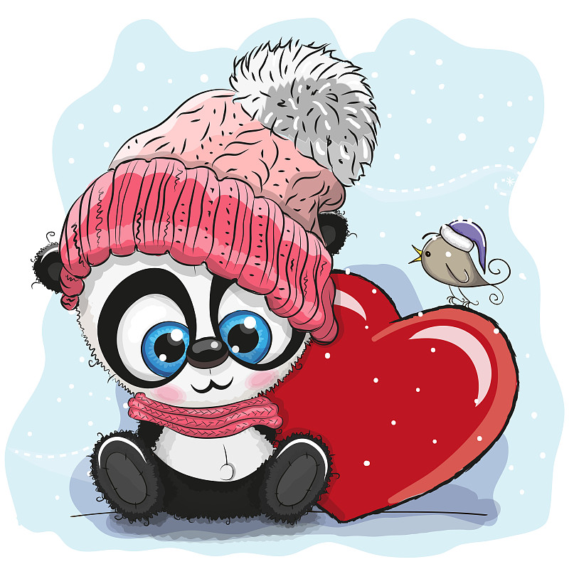 卡通,熊猫,可爱的,羊毛帽,绘画插图,贺卡,雪,情人节,糖,人的眼睛