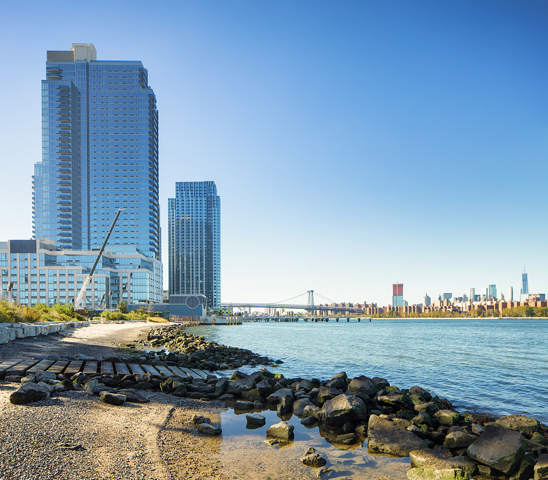 布鲁克林,现代,东河,公寓,侧面视角,都市风景,下曼哈顿区,水,天空,留白