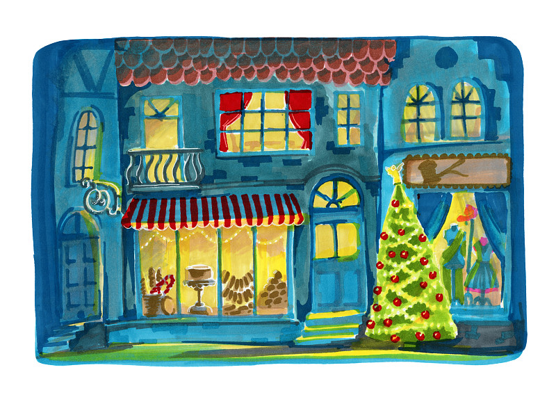 圣诞树,市区路,门阶,明亮,正面视角,绘画插图,新的,夜晚,古老的