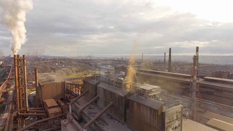 工厂,工业,烟斗,航拍视角,环境,烟,在上面,飞