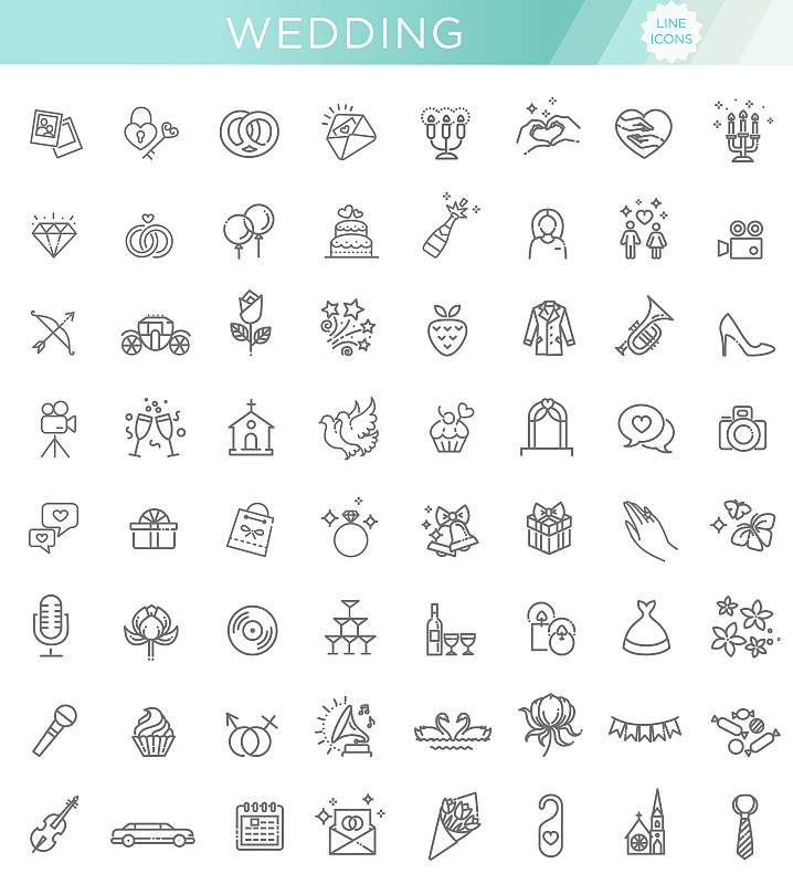 轮廓,图标集,蜘蛛网,婚礼,垂直画幅,绘画插图,气球,香槟,花束