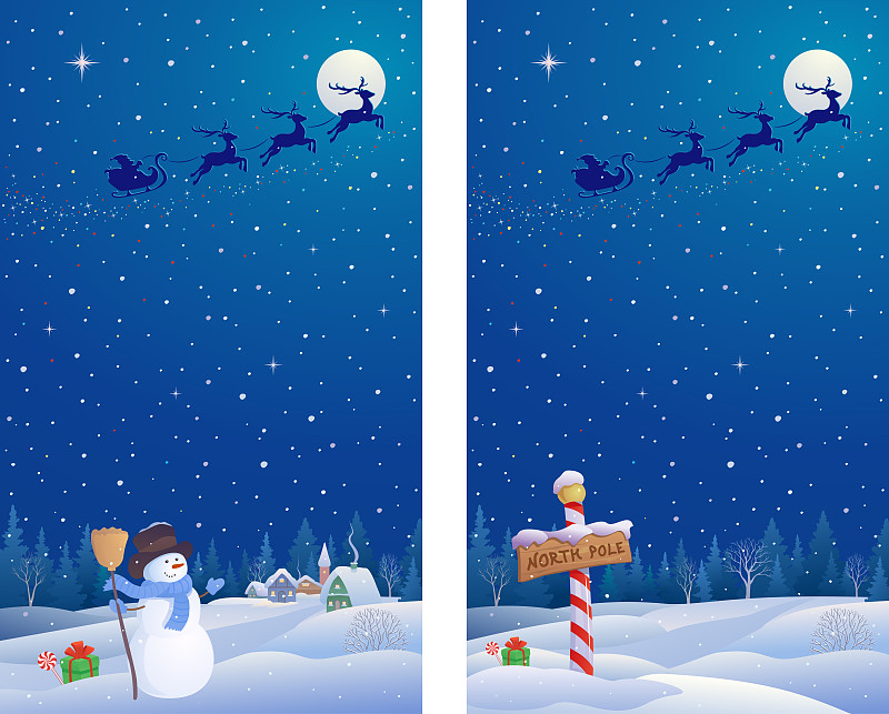 北极点,雪人,绘画插图,天空,水平画幅,夜晚,雪,圣诞老人