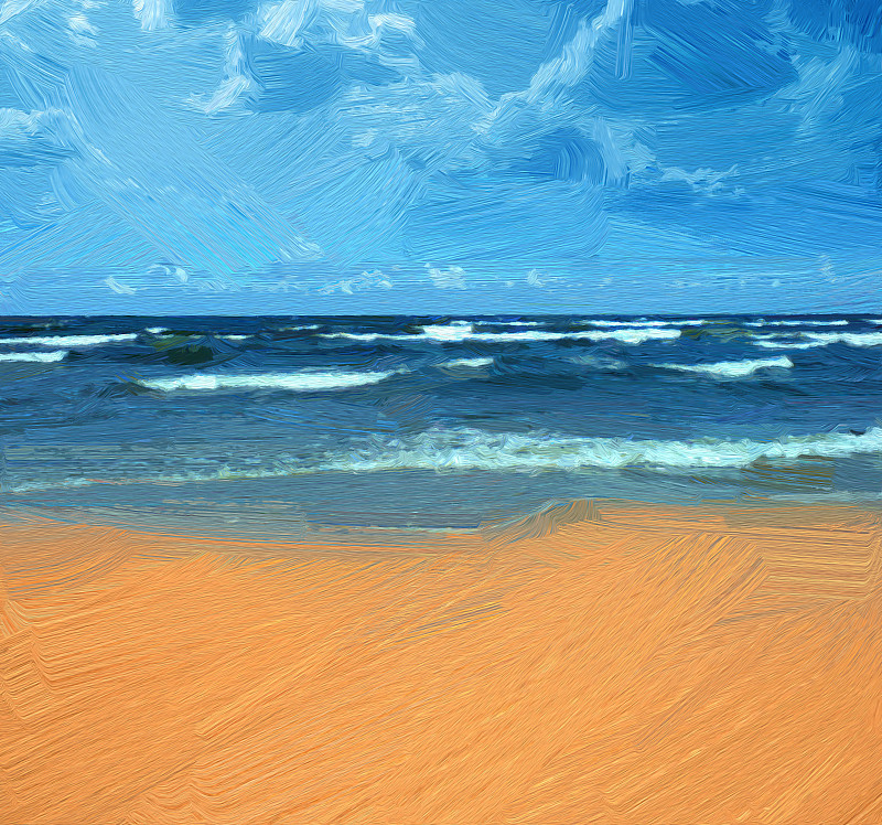 海滩,海洋,石油工业,插画,绘画风格,水,天空,美,水平画幅,沙子
