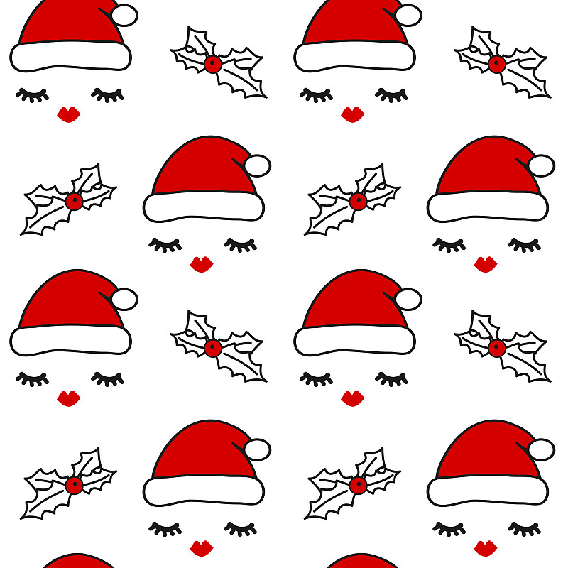 绘画插图,睫毛,冬青树,矢量,式样,可爱的,红色,嘴唇,帽子,圣诞老公