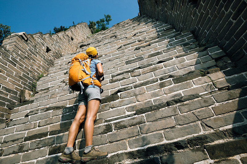 旅行者,长城,正下方视角,通勤者,女人,天空,留白,在边上,夏天,仅成年人