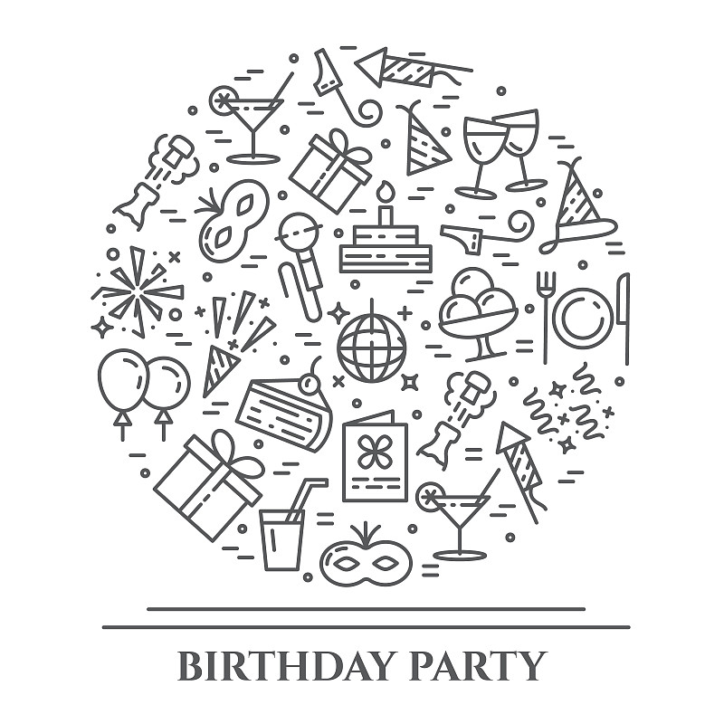 绘画插图,生日,香槟,放焰火,矢量,迪斯科,蛋糕,礼物,化妆舞会服