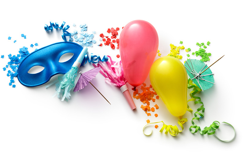 白色背景,气球,面具,五彩纸屑,横幅,分离着色,水平画幅,无人,新年,玩具吹卷