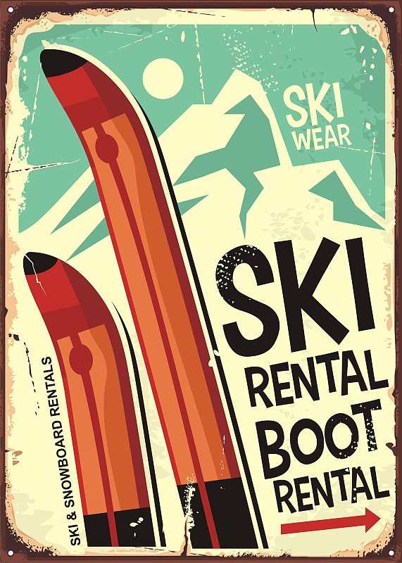 滑雪雪橇,标志,rent,垂直画幅,休闲活动,雪,无人,绘画插图,古老的,古典式