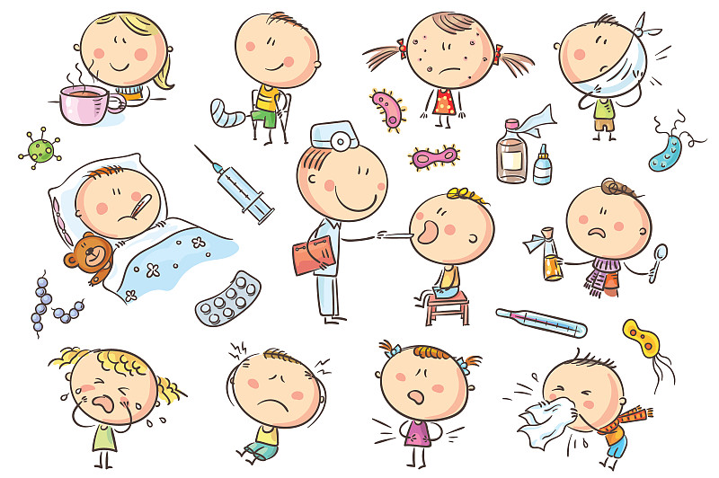 儿童,身体不适,头痛,温度计,温度,水平画幅,绘画插图,组物体,卡通,痛苦