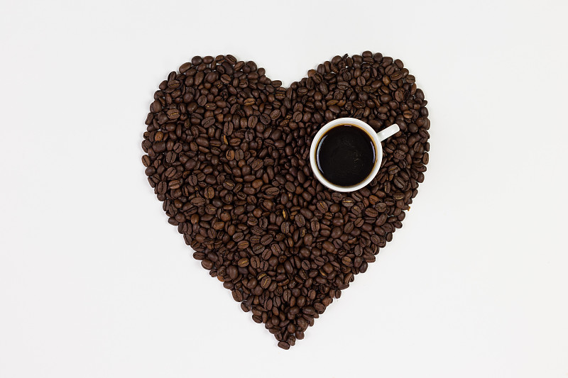 心型,咖啡杯,白色背景,分离着色,咖啡豆,烤咖啡豆,咖啡店,芳香的,乡村风格