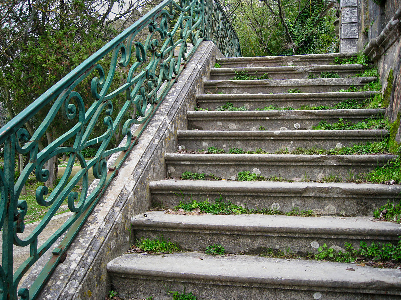 栏杆,台阶楼梯,铁艺,古典式,石头,台阶,水平画幅,高视角,无人,苔藓