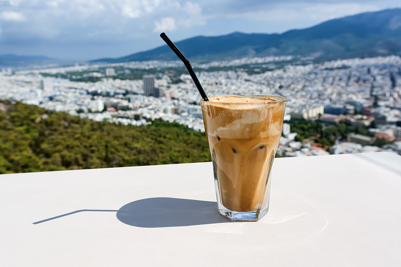 咖啡,都市风景,冰,雅典,背景,奶昔,城镇,天空,希腊食物,褐色