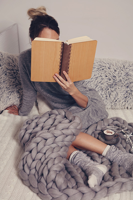 毯子,书,热,柔和,女人,舒服,生活方式,羊毛,放松,读书