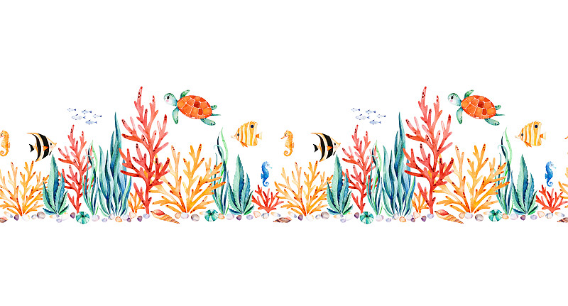 海马,海草,礁石,动物,国境线,海龟,可爱的,鱼类,绘画插图,水生植物