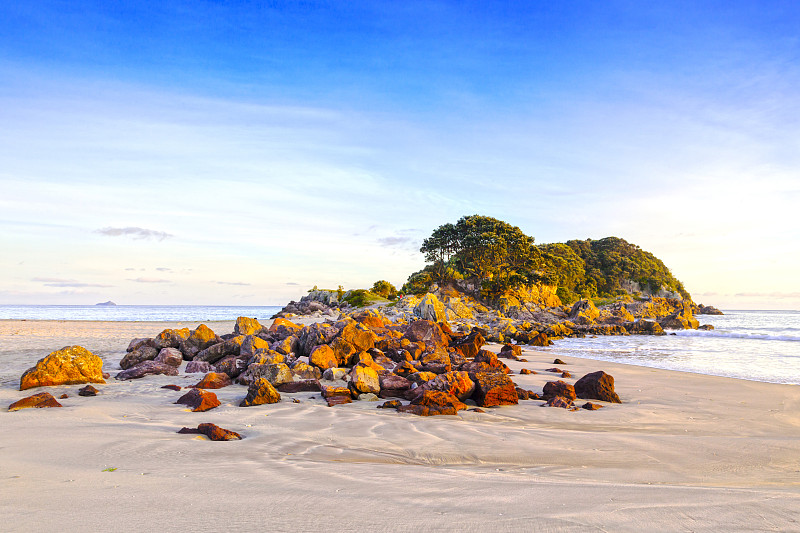 芒格努伊山,海滩,新西兰,水平画幅,沙子,无人,岩层,夏天,户外,丰盛湾