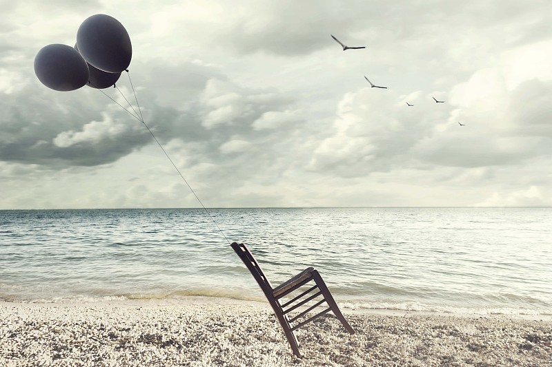 椅子,气球,拿着,超现实主义,平衡,图像,水,天空,水平画幅,云