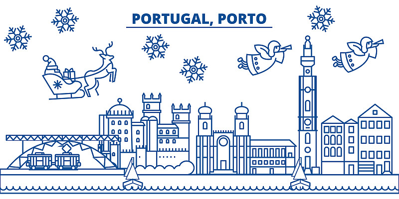 贺卡,雪,绘画插图,葡萄牙,冬天,矢量,城市天际线,新年前夕